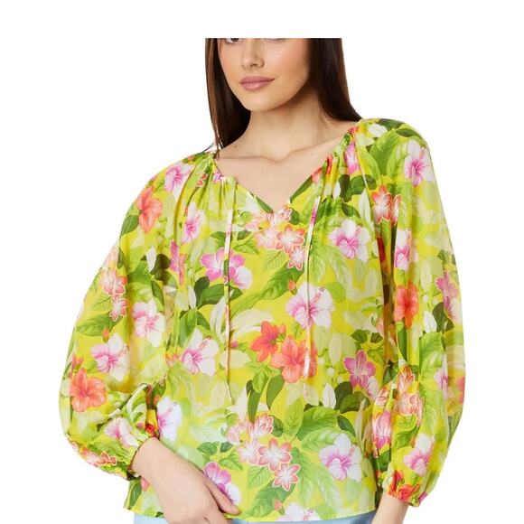 NEW Tommy Bahama Happy Hour Flower Peasant Silk/Cotton Top XS, Green Pink - Picture 2 of 6